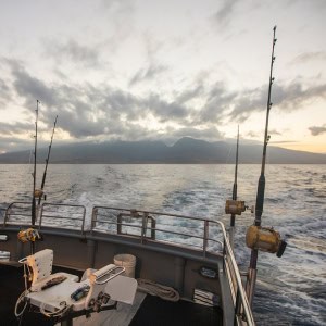 A charter fishing boat at dawn