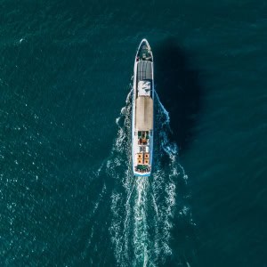 A commercial boat on the open water